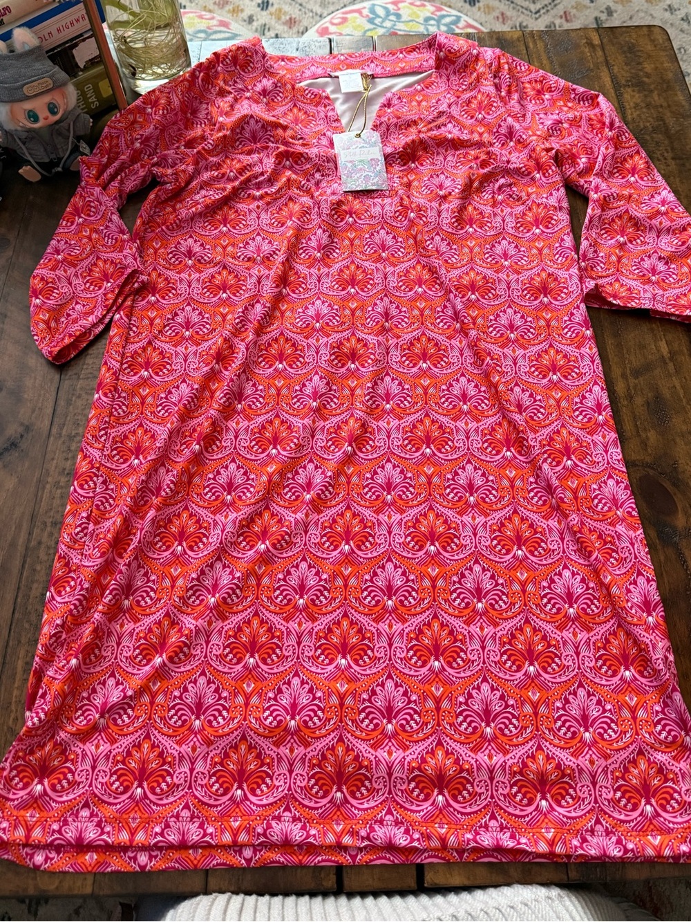 NWT Sz S Stella Parker' Pink & Red Patterned Dress UPF 50 Summer Fall Outdoor